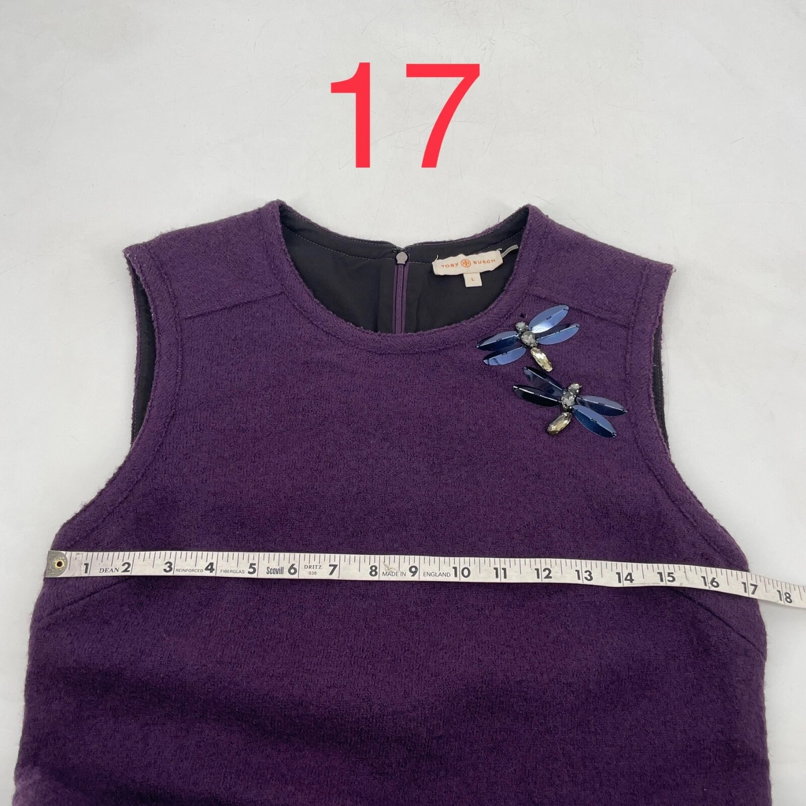 Abito Tory Burch taglia L Jada impreziosito gioielli libellula lana cambio prugna