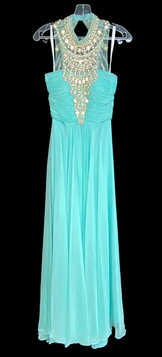 New Womens Rachel Allan Aqua Mint Dress Chiffon Jeweled Neckline Size 12 |  eBay
