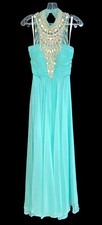 New Womens Rachel Allan Aqua Mint Dress Chiffon Jeweled Neckline Size 4