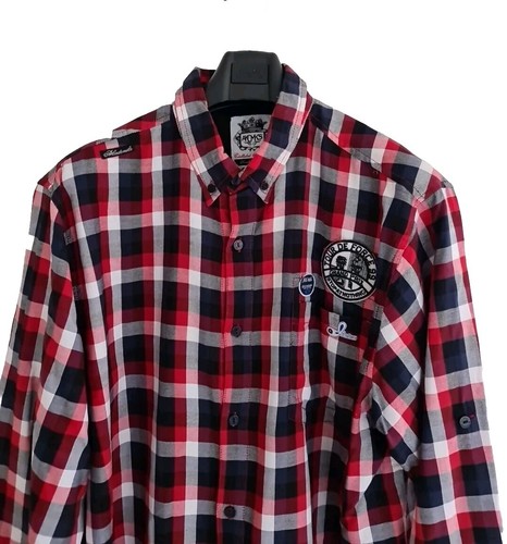 AKDMKS Plaid Long Sleeve Shirt with Patchwork Mens Red White Blue Size 2XL. - Picture 6 of 16