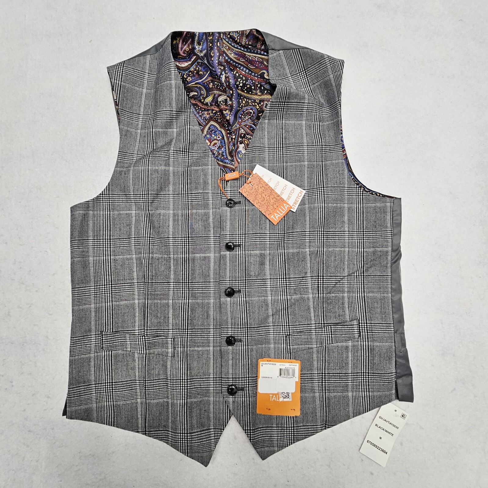 Tallia Mens Medium Slim-Fit Plaid Suit Vest Black White Wool Blend