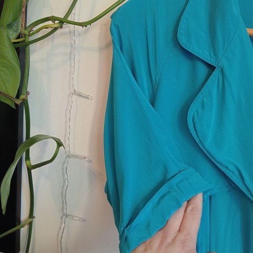 VINTAGE Liz Claiborne Silk Trench Shirt Dress Teal Short Sleeves Size Petite 8 - Picture 4 of 13