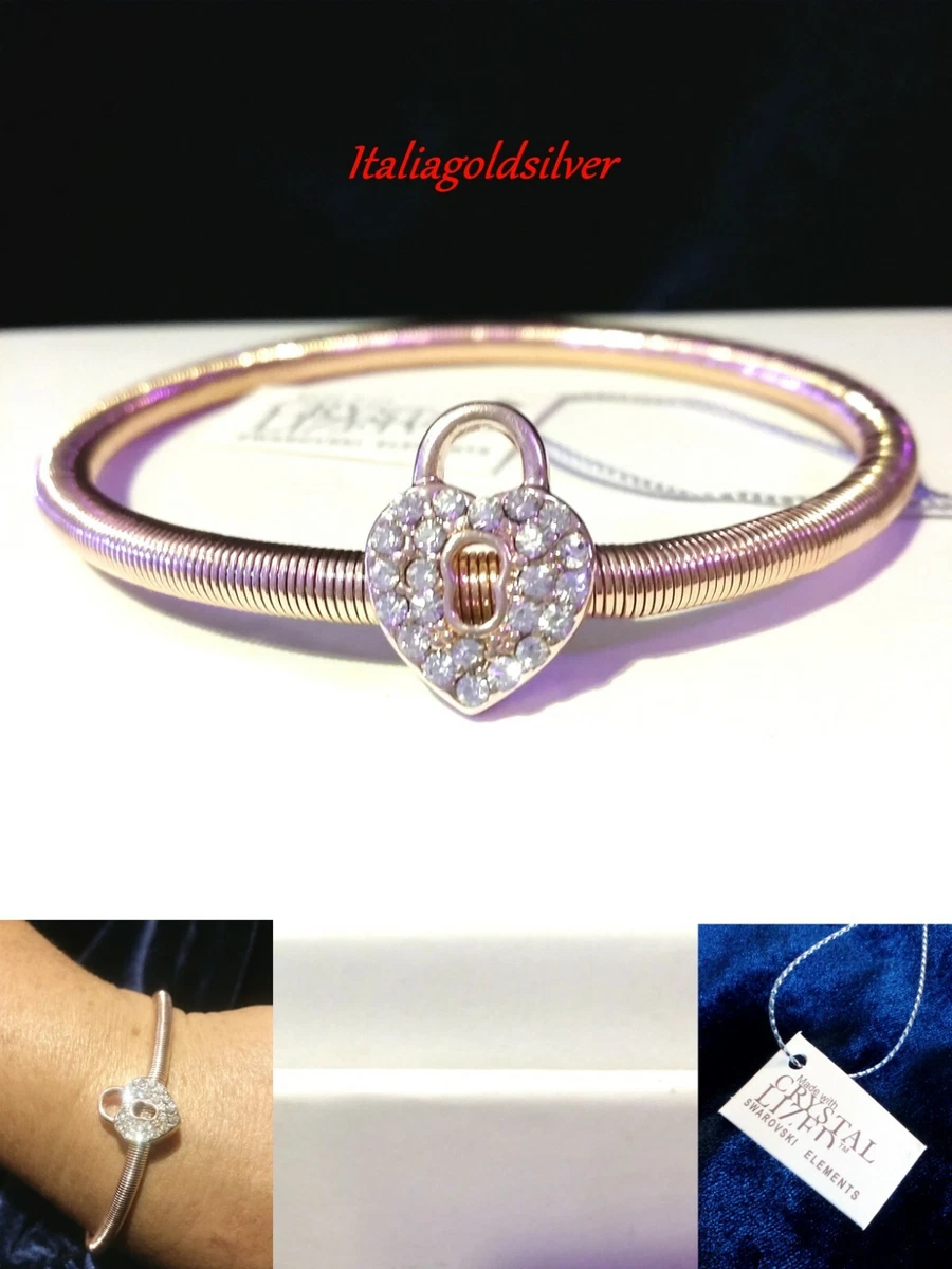 Bracciale Elastico Donna In Acciaio Inox Oro Rosa E Argento Con Cristalli - 17 Cm - Ipoallergenico - 6