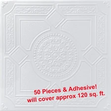 Ceiling Tiles, Glue Up Foam 20" x 20", LIMA White, 50 pcs & Adhesive (3 Tubes)