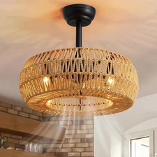 20" Boho Caged Ceiling Fan with Lights Remote Control, Rattan Cage Low Profile B