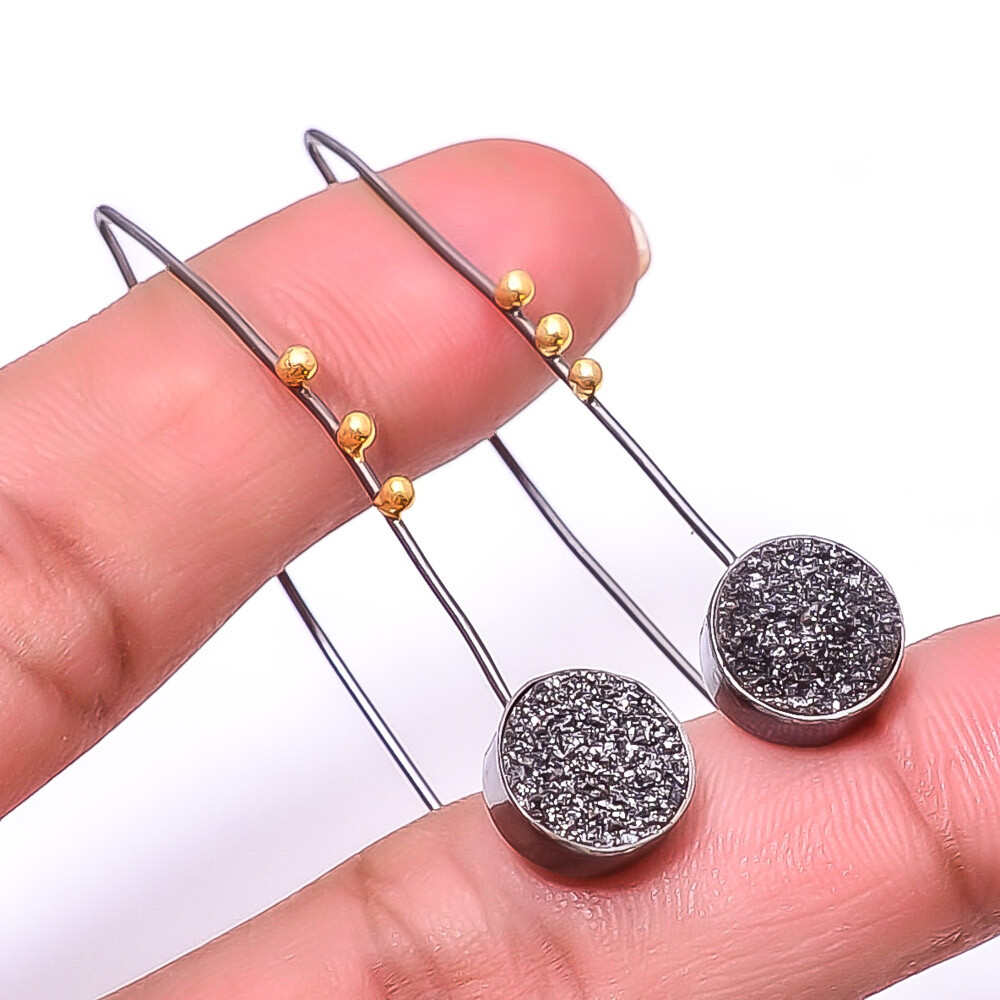 Black Titanium Agate Drusy 925 Silver Black & Gold Rhodium Plated Earring 1.95
