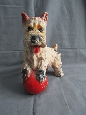 Vintage 1940s Carnival Chalkware Scottie Terrier Dog Red Ball Brown Tan Black