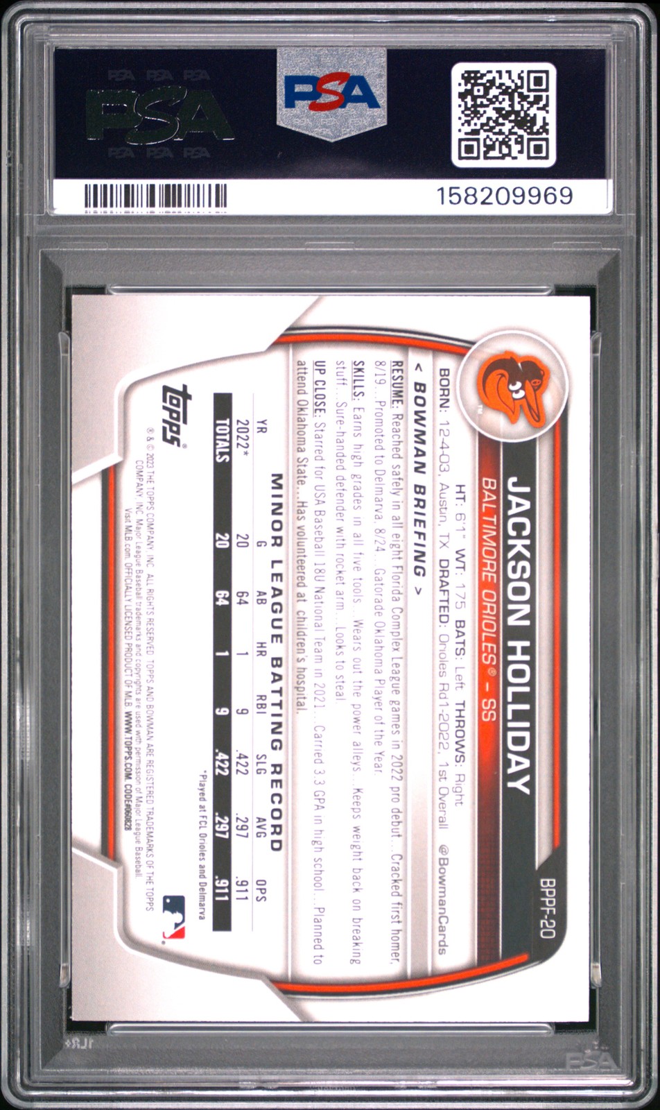 2023 BOWMAN 1ST EDITION GOLD FOIL #BPPF20 JACKSON HOLLIDAY 23/50 PSA 9 view 2