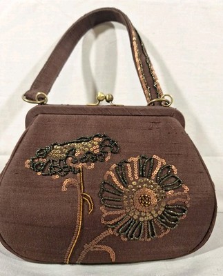 Talbots Brown 100% Silk Beaded Clutch Purse Bag Special Occasion Date Night