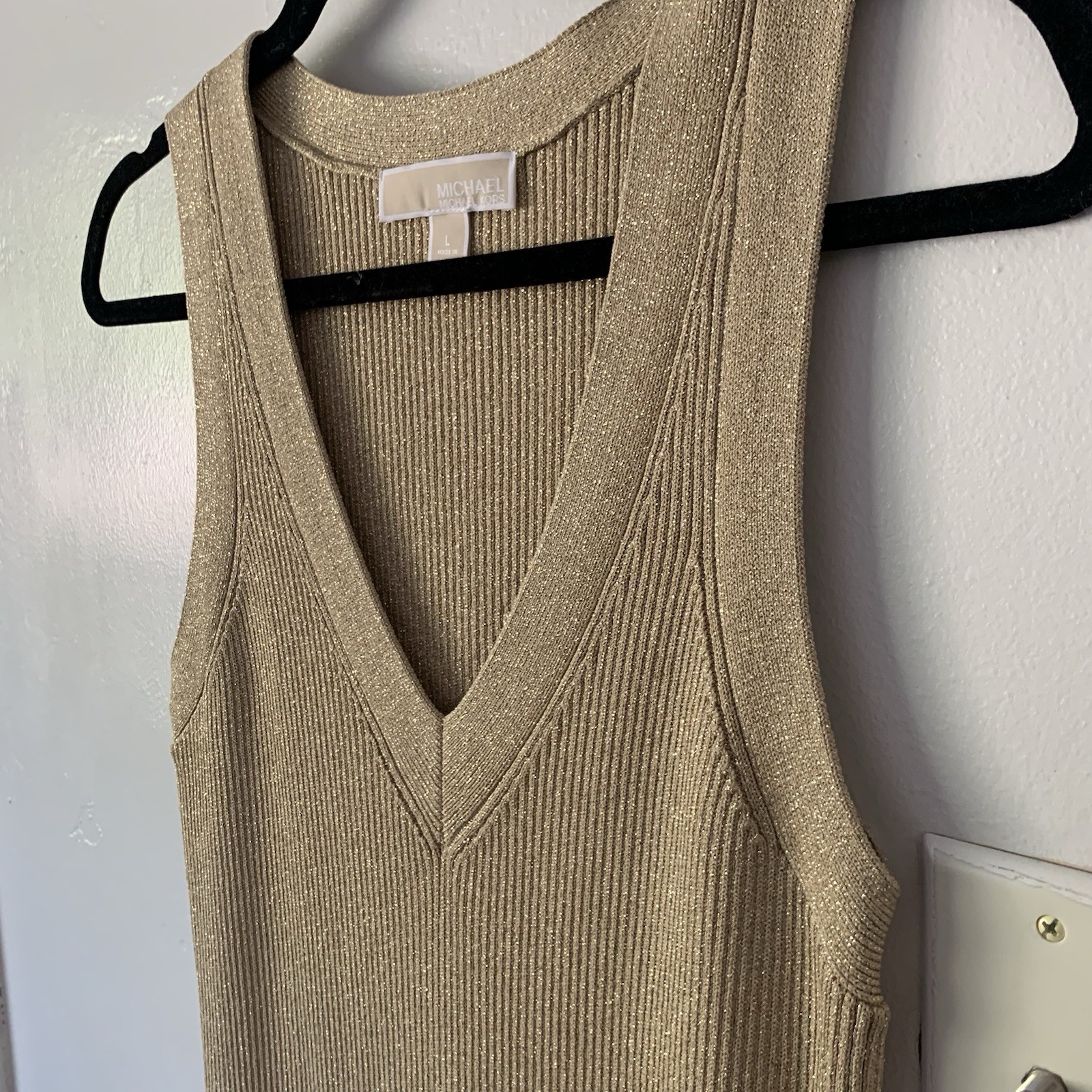 Michael Kors Dress Women L Gold Metallic Ribbed V Neck Sweater Sheath Pencil thumbnail 6