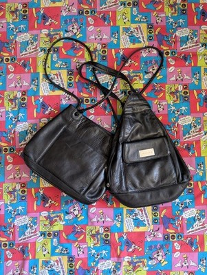 Perlina NY Black Soft Leather Zipper Backpack Purse & Leather Hand Bag No Name