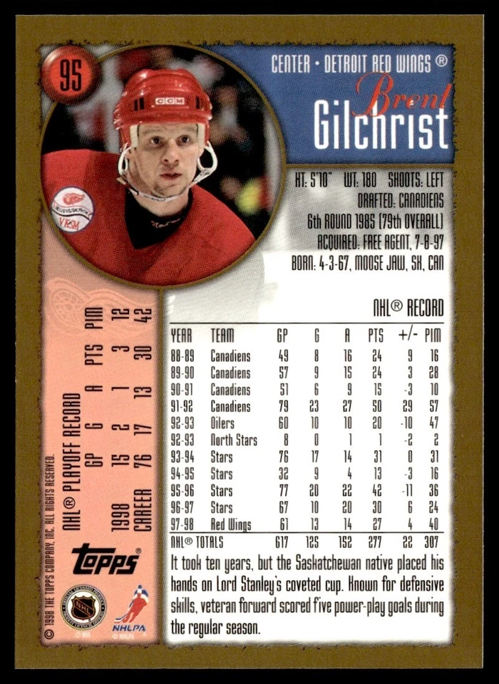 1998-99 Topps Brent Gilchrist Detroit Red Wings #95 - Image 2 of 2