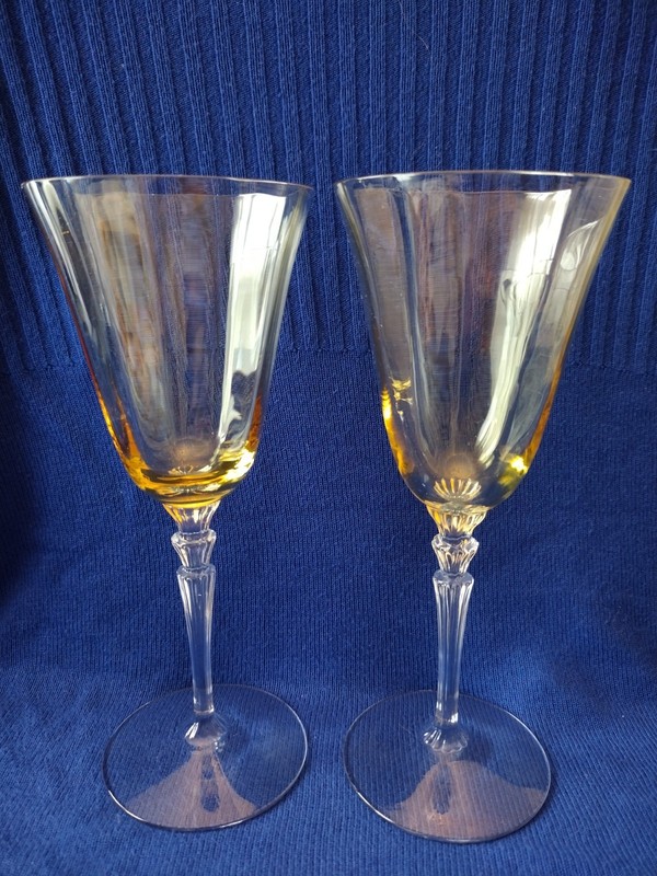 Set 2 Vintage Fostoria Topaz Yellow Crystal  Wine/Water Goblets w Waterfall Stem