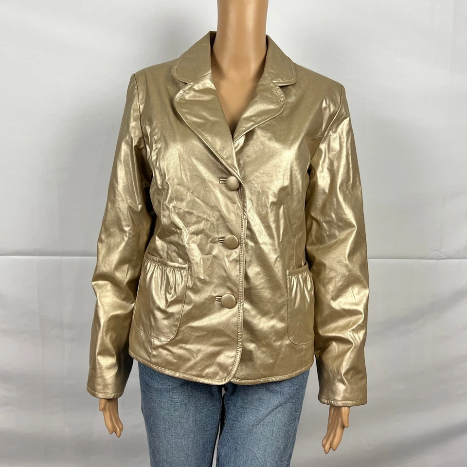 KC Collections Size LARGE Shiny Metallic Gold Faux Leather Blazer Jacket - Image 2 of 4