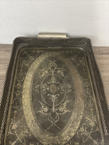 Castilian Imports Vintage Large Solid Brass Heavy Decorated Tray 21"X 16” X 4” - Picture 10 of 10