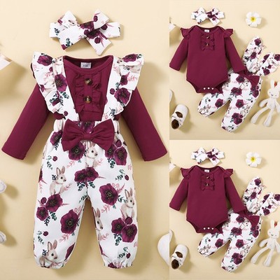Baby Mädchen Blumen Trainingsanzug Overall Latzhose mit Stirnband Babykleidung