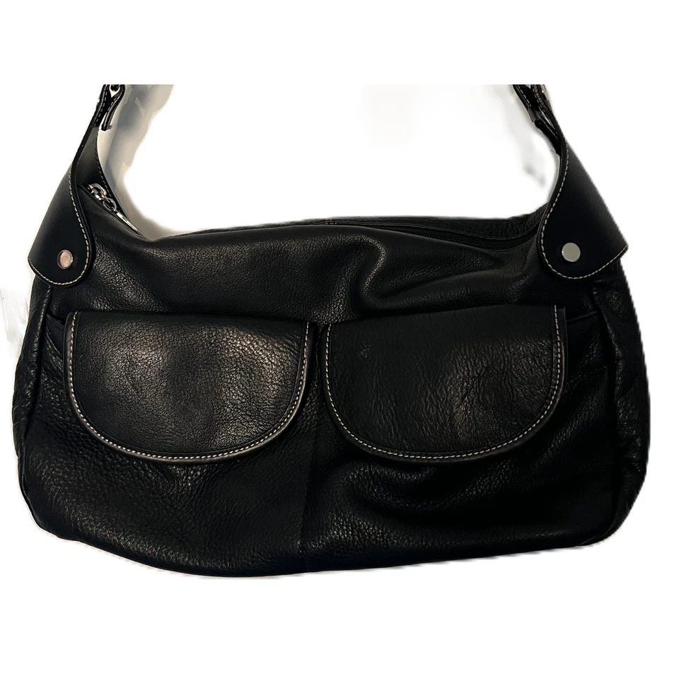 MAXX New York Cartera Cuero Negro Bolso de Hombro Bolsillos Cierre de Cremallera Almacenamiento Plateado Foto 3 de 4