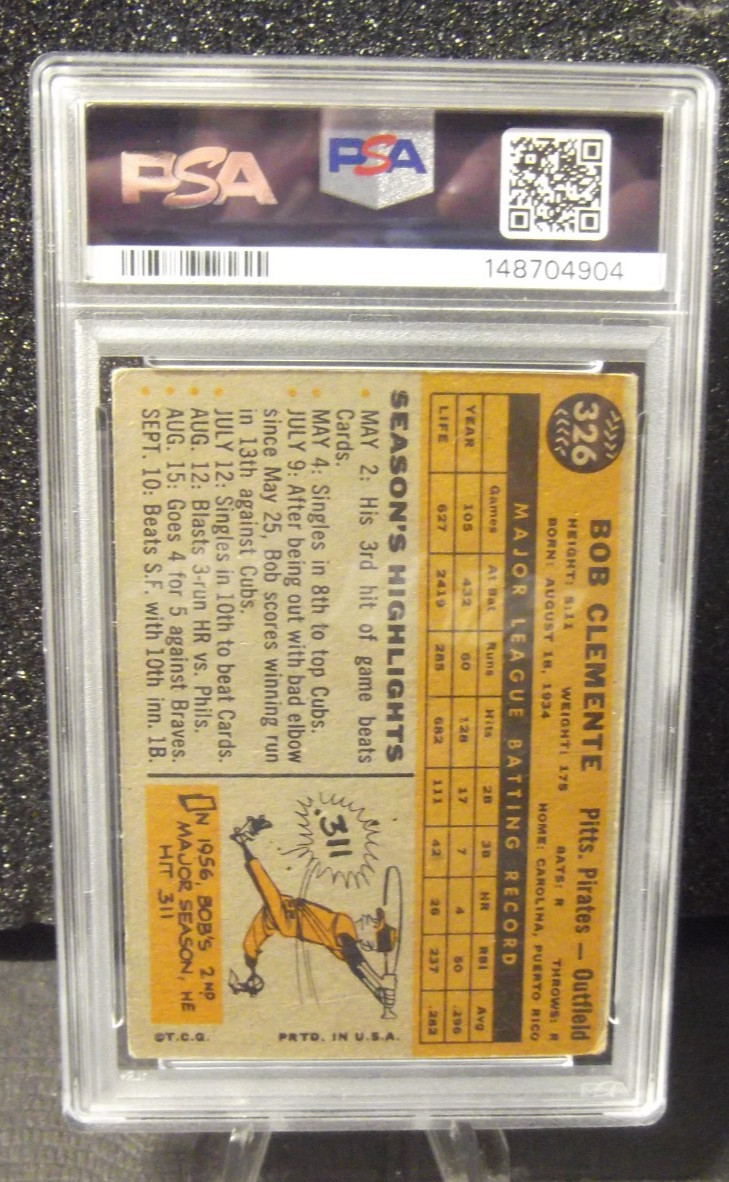 1960 TOPPS BASEBALL #326 ROBERTO CLEMENTE PIRATES PSA 2 HALL OF FAMER view 2