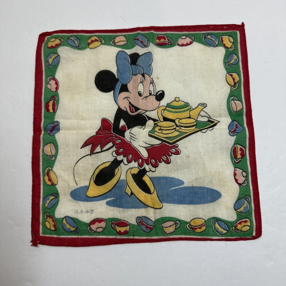 Pañuelo vintage de Disney, Minnie, Mouse Tea Party, 1950 8 1/4 X 8 1/4 Foto 2 de 4
