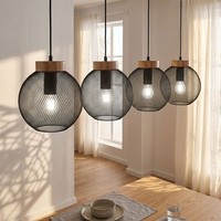 HäNgelampe Pendelleuchte Esstischlampe Holz Geflecht 4 Flammig Schwarz H 120 Cm