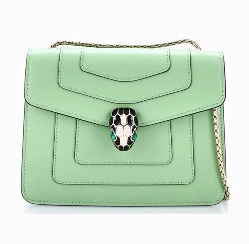 BVLGARI Serpenti Green Small Crossbody Bag Chain Strap Pink Lining Snap