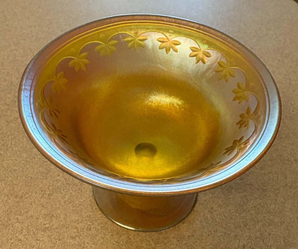 LC Tiffany Signed Palm Tree Favrile Iridescent Yellow, Grn, HTF