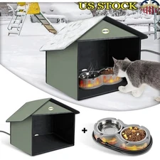 Outdoor Heated Cat Feeding Station W/ Double Bowls Anti Freeze Feral Cats