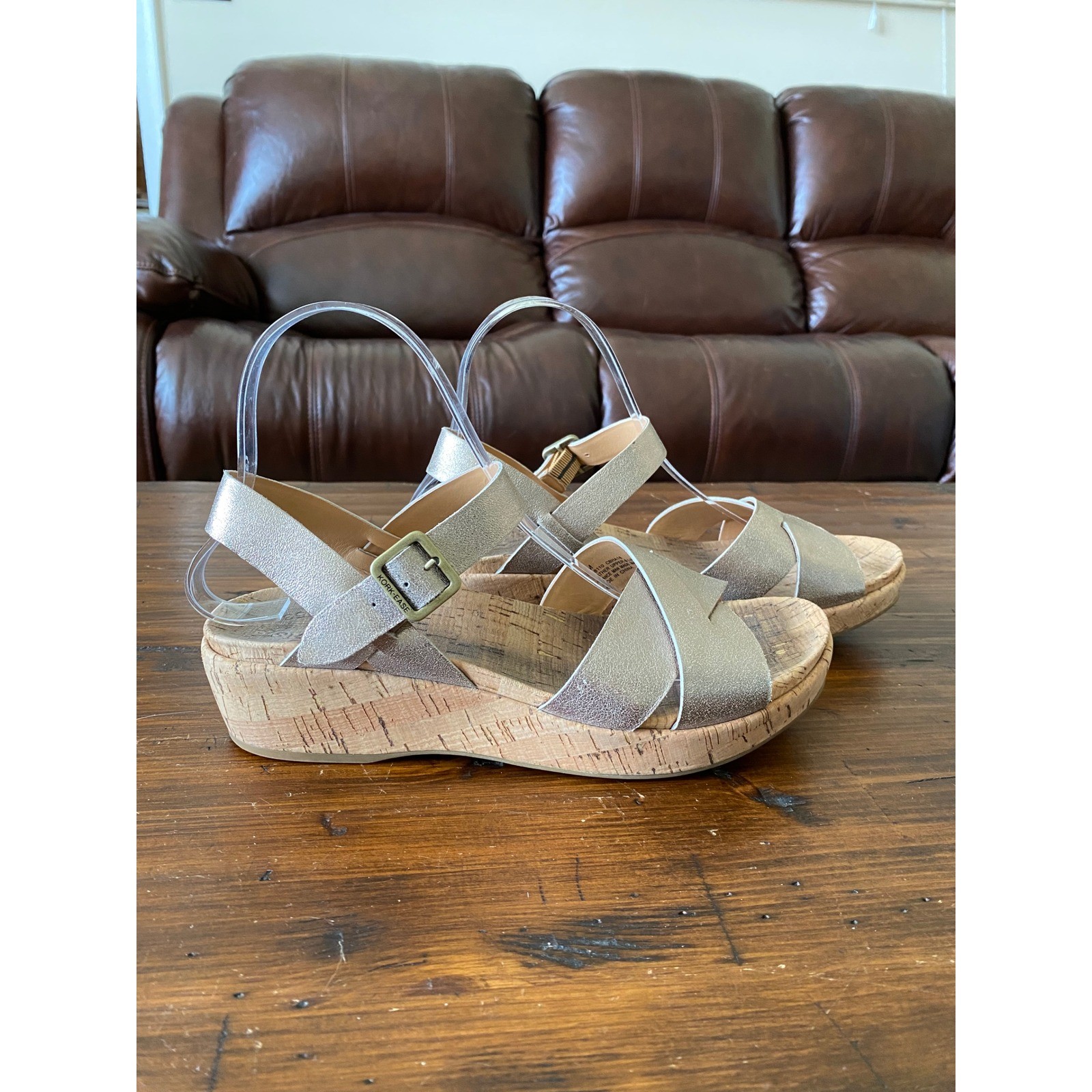 Kork-Ease Silver Metallic Leather Cork Wedge Platform Sandals Womens Size 8