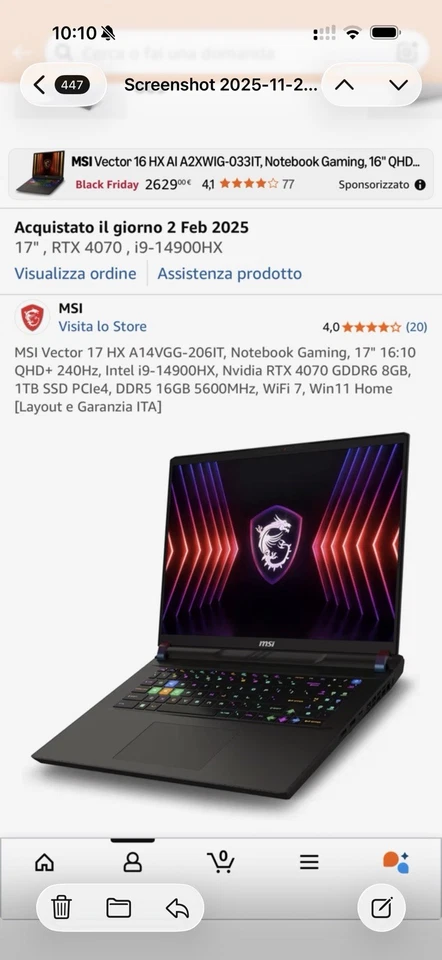 Msi Vector 17 HX A 14VGG - 206 Notebook Gaming 17 Pollici Intel I9 NVIDIA RTX 4 - Immagine 2 di 4