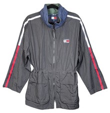 Vtg Tommy Hilfiger Black Logo Hooded Full Zip Windbreaker Rain Jacket Women  s XL