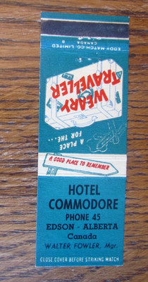 LOW PHONE #45 MATCHBOOK COVER: HOTEL COMMODORE EDSON, ALBERTA MATCHCOVER -M14