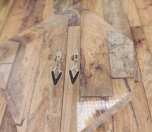 Sterling Silver Black and White Diamond V Jacket Post Earrings - Picture 4 of 7