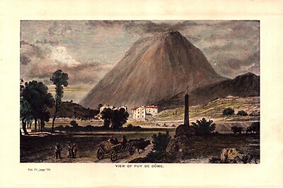 View of Puy de Dôme, Lava Dome, France Antique hand colored print 1900