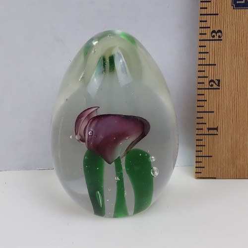 SDS Seapoot Glass Paperweight Flower Egg Purple Green Home Office Decor Vintage