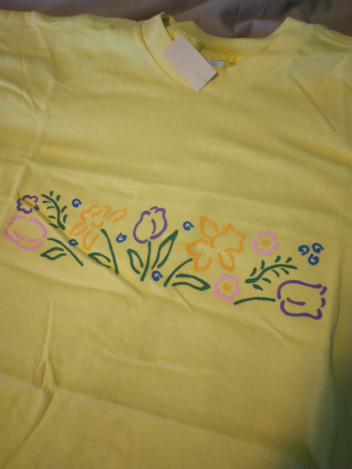 T shirt adulto L gialla con stampa fila di tulipani 203102