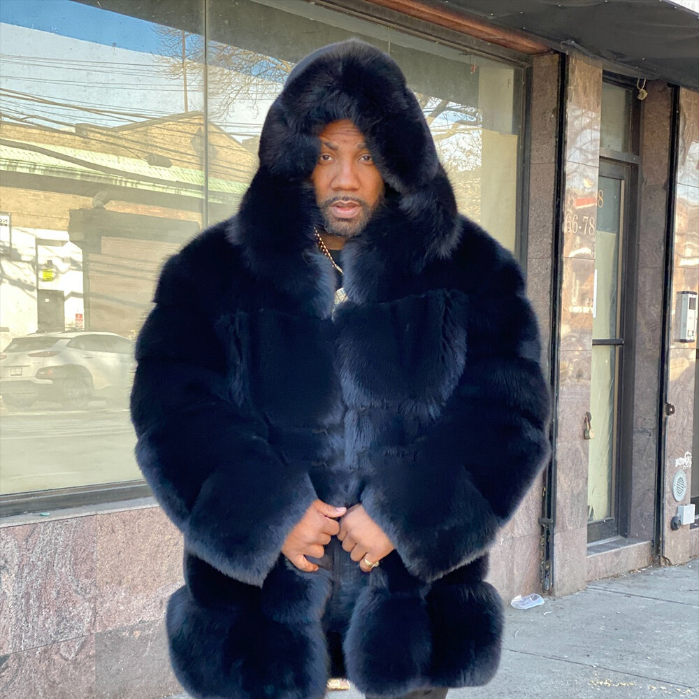 Fashion Mens Natural Real Fox Fur Hooded Coat Men Fur Jackets Warm