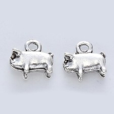6 Pig Charms Antiqued Silver Farm Animal Pendants 2 Sided Stock Show Jewelry