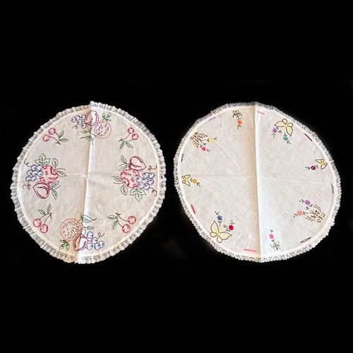 2 Vintage Handmade Embroidery Folk Art Fruits Butterfly Round Tablecloth 16" dia
