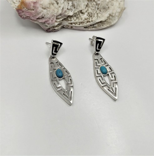 Greek Key Sterling Silver 925 Stud Earrings with Turquoise Stone - Picture 3 of 5