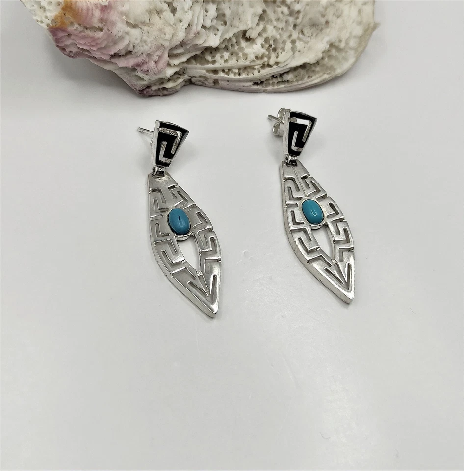 Greek Key Sterling Silver 925 Stud Earrings with Turquoise Stone - Image 3 of 4