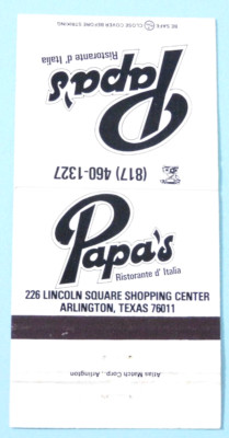 PAPPA'S RISTORANTE D'ITALIA MATCHBOOK COVER *ARLINGTON, TEXAS