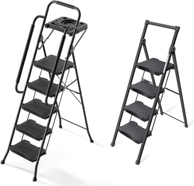 5-Step Ladder with Platform，4-Step Ladder, Sturdy and Foldable Ladder