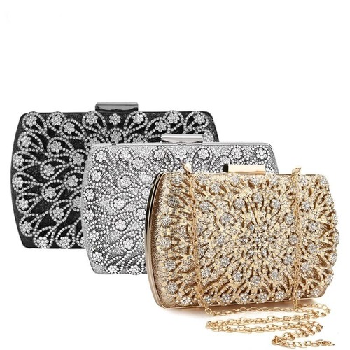 Gold Evening Clutch Bag Silver Rhinestone Floral Wedding Purse Party Box Handbag - Picture 14 of 19
