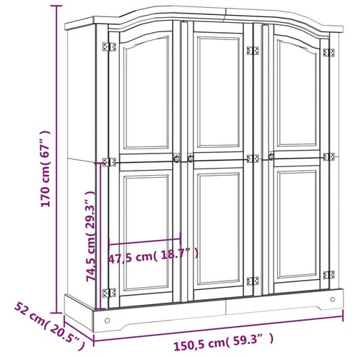 3 Door Wardrobe Mexican Corona Solid Wood Clothes Cabinet Hanging Rail Closet - Picture 6 of 10