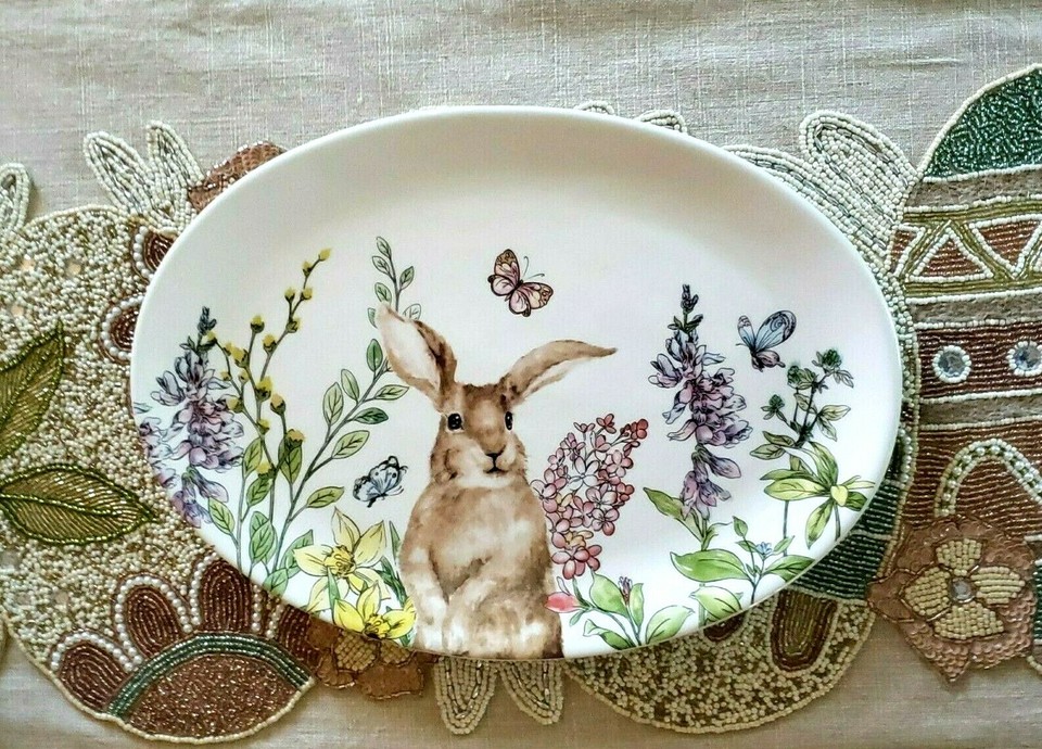 Grace Teaware Ceramic EASTER Bunny Rabbit Floral Butterfly Meadow OVAL ...