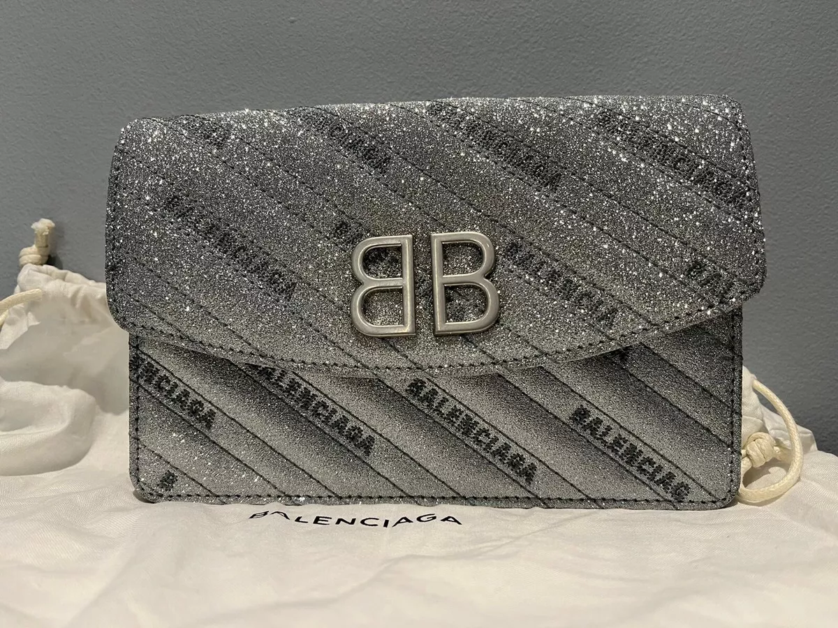 Balenciaga BB Silver Glittered Leather Wallet on Chain Bag