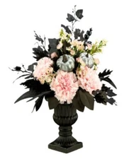 Halloween Pretty Morbid Pink Carnation Centerpiece with Black Pedestal 17 in.