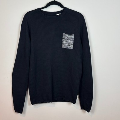 Manguun Mens Waffle Knit Black Contrast pocket Long Sleeve Heavyweight Tee MED