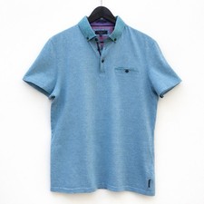 Ted Baker Men  s Polo Shirt Blue Button Collar Pocket 100 Cotton Size 4