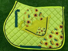 SUN FLOWER ENGLISH SADDLE PAD SET FLY VEIL HORSE EAR NET BONNET STUNNER SPORTS
